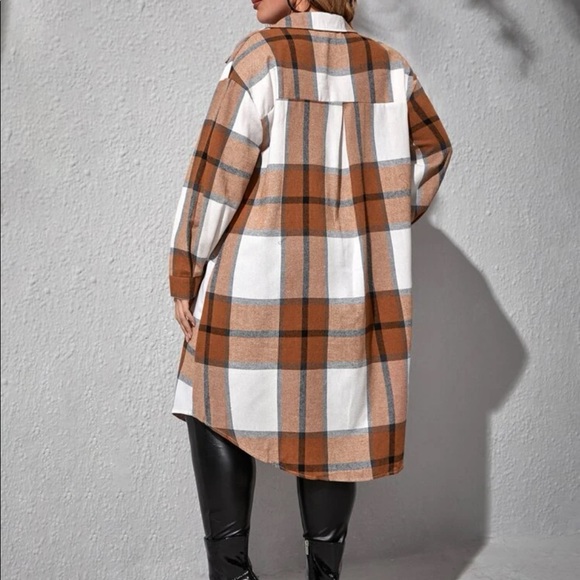 Plus Size Plaid Pocket Light Jacket Shacket Long Shirt Green BELT NOT INCLUDED - Picture 11 of 16